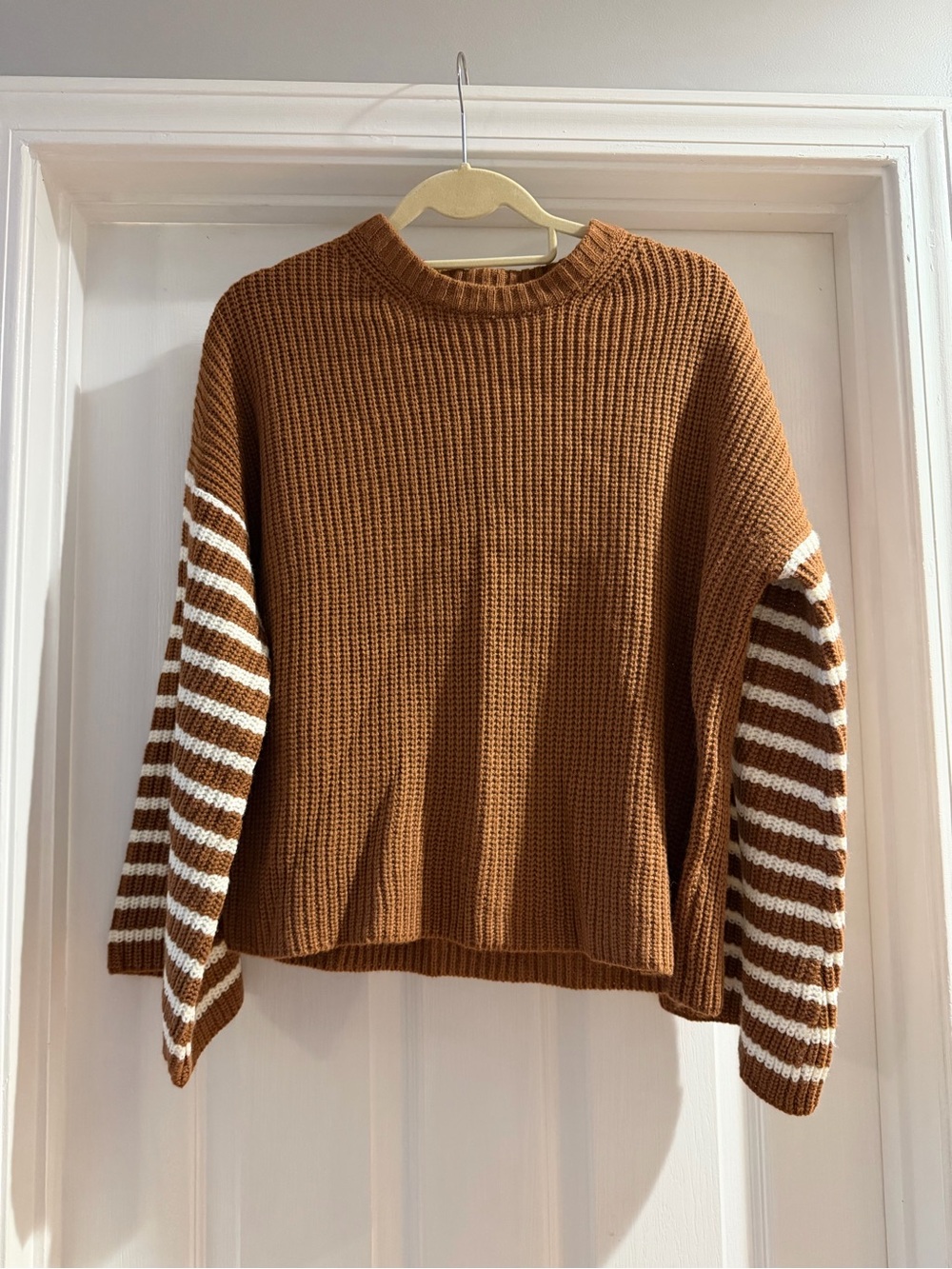 Lush Burnt Orange Sweater with White Striped Sleeves